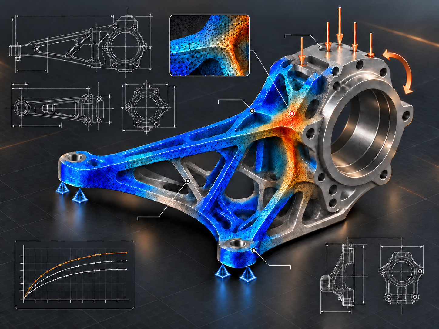 Detailed finite-element analysis with refined mesh, load vectors, supports, moment and technical views