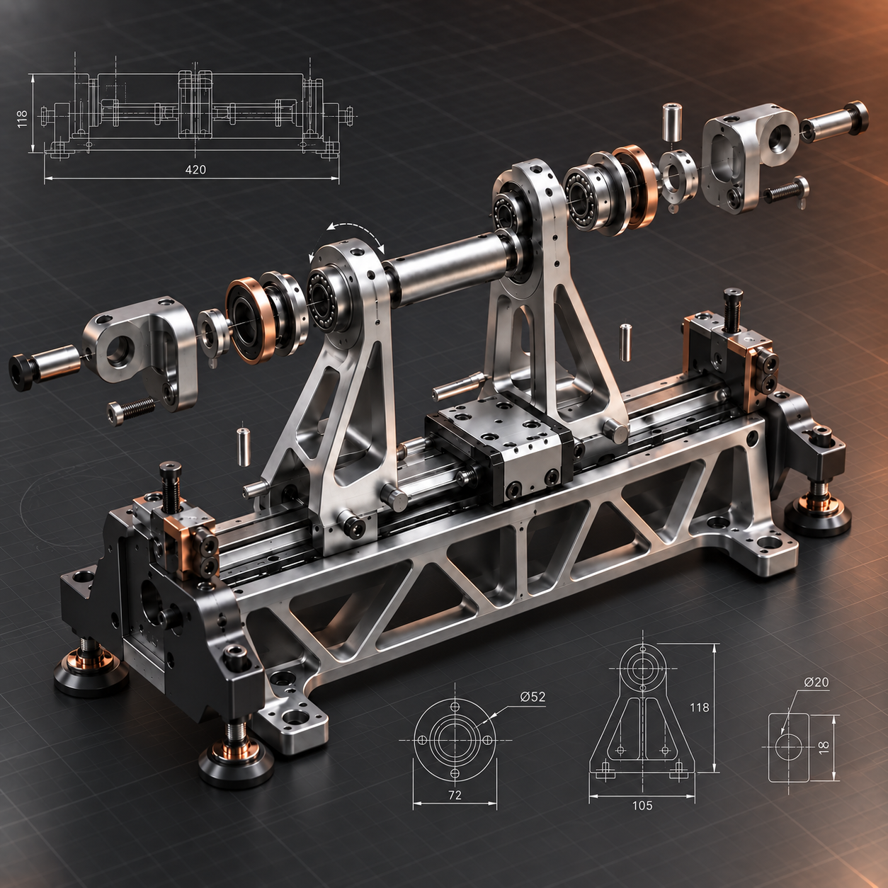 Precision mechanical structure presented with well-spaced orthographic drawings, dimensions and motion annotations