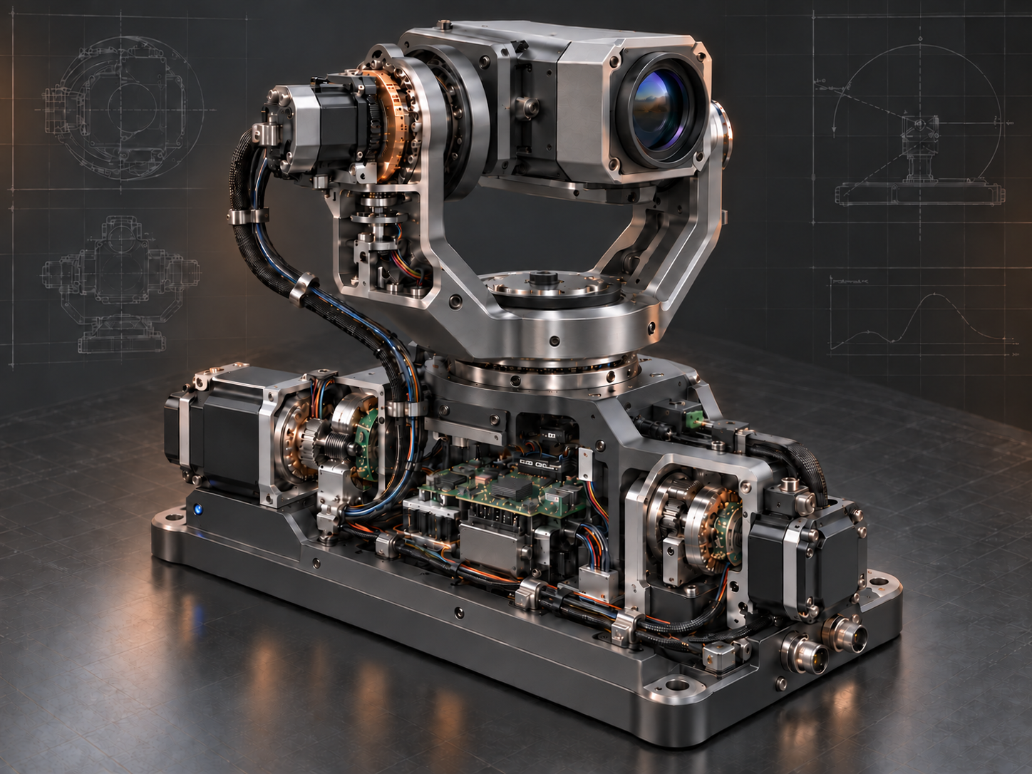 Integrated two-axis mechatronic positioning system with motors, sensors, electronics and cable harnesses